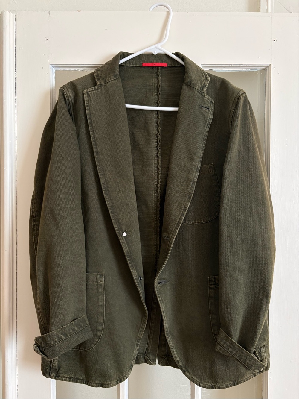 Isaia Olive Green Jacket with Red Logo Patch